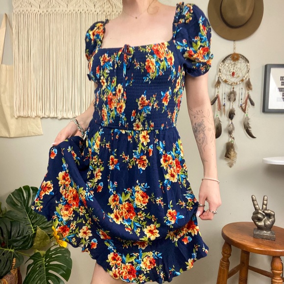 BOG Collective Smocked Floral Square Neck Puff Sleeve Dress - Picture 1 of 16